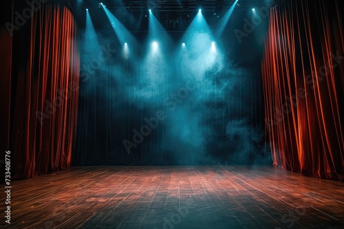 Empty theater stage with thick red curtains and spotlights.