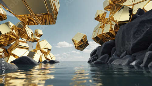 3d render, abstract futuristic background. Gold geometric panels and black rocks levitate above the water with reflection. Modern unique creative wallpaper photo