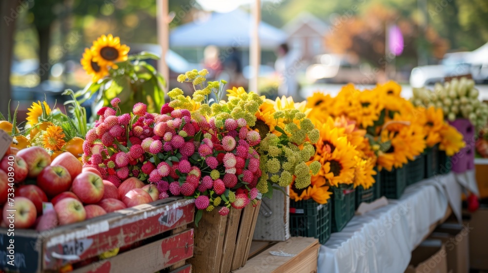 A vibrant farmers market, with stalls overflowing with fresh produce, flowers, and local artisanal goods