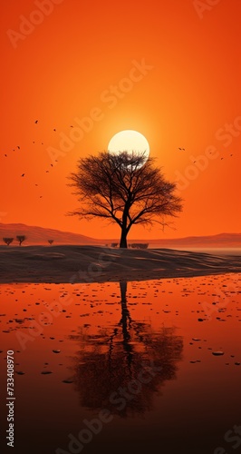 a tree in a field with a sunset