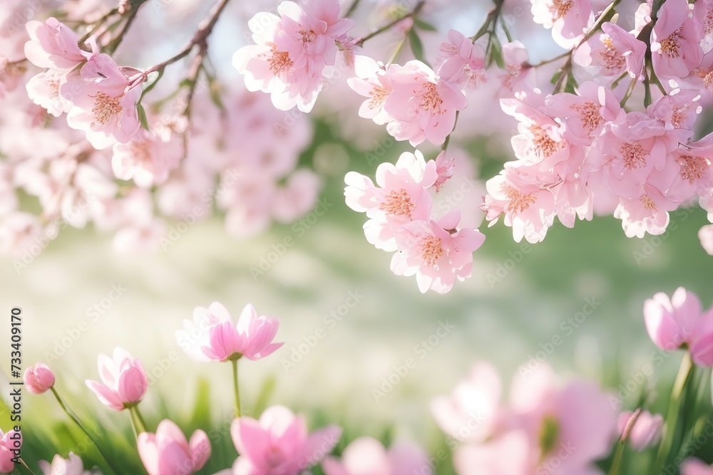 Spring background with flowers and sunshine.