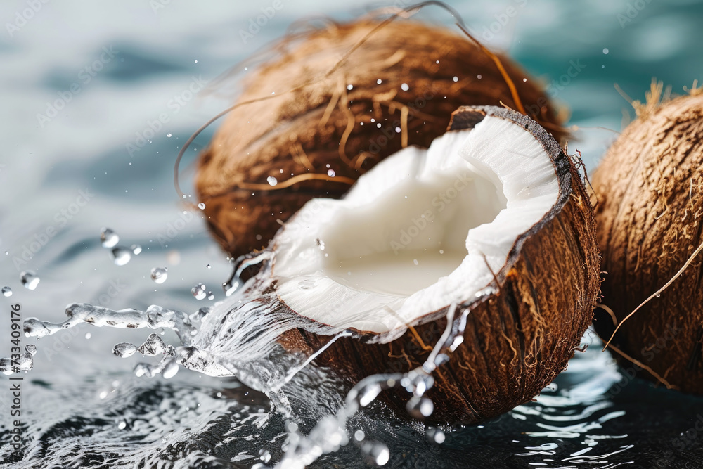 coconut with a hard shell and a white flesh and water inside cracked open coconut with a hard shell and a white flesh and water inside cracked open