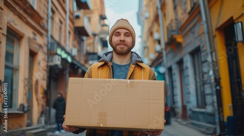 A young guy, a loader, is carrying a large cardboard box in his hands