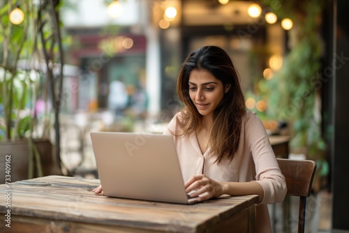 A freelancer Indian women works in a cafe with a laptop. Work from anywhere concept