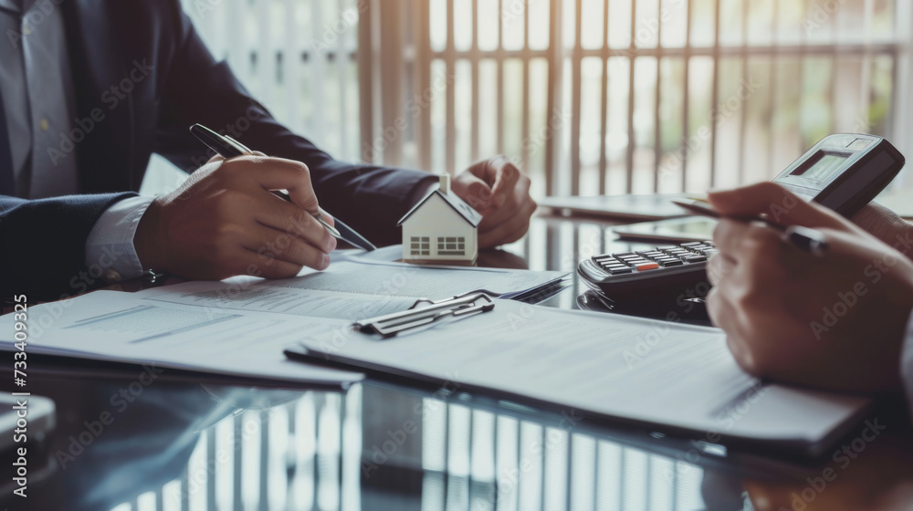 individuals involved in a real estate transaction with a calculator ...