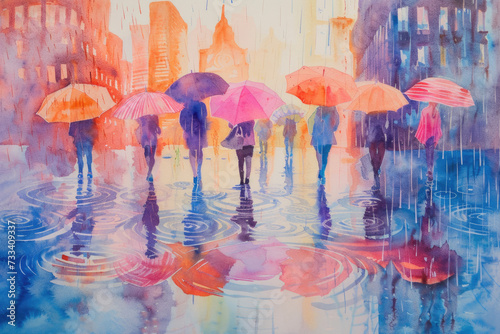 watercolor painting of a spring shower. People are seen walking under colorful umbrellas