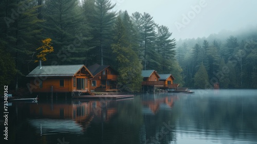 A tranquil lakeside retreat, with wooden cabins nestled among tall pine trees...
