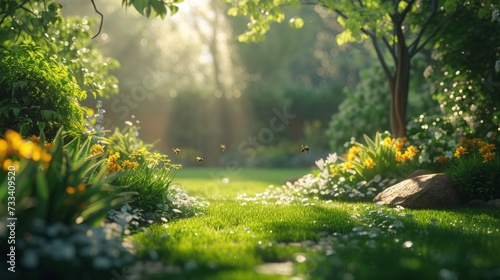 A tranquil garden alive with the buzzing of bees and the chirping of birds, a...