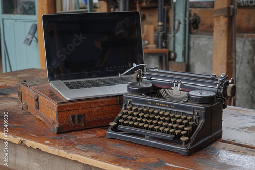 photo of a old and new technology with a typewriter and a laptop