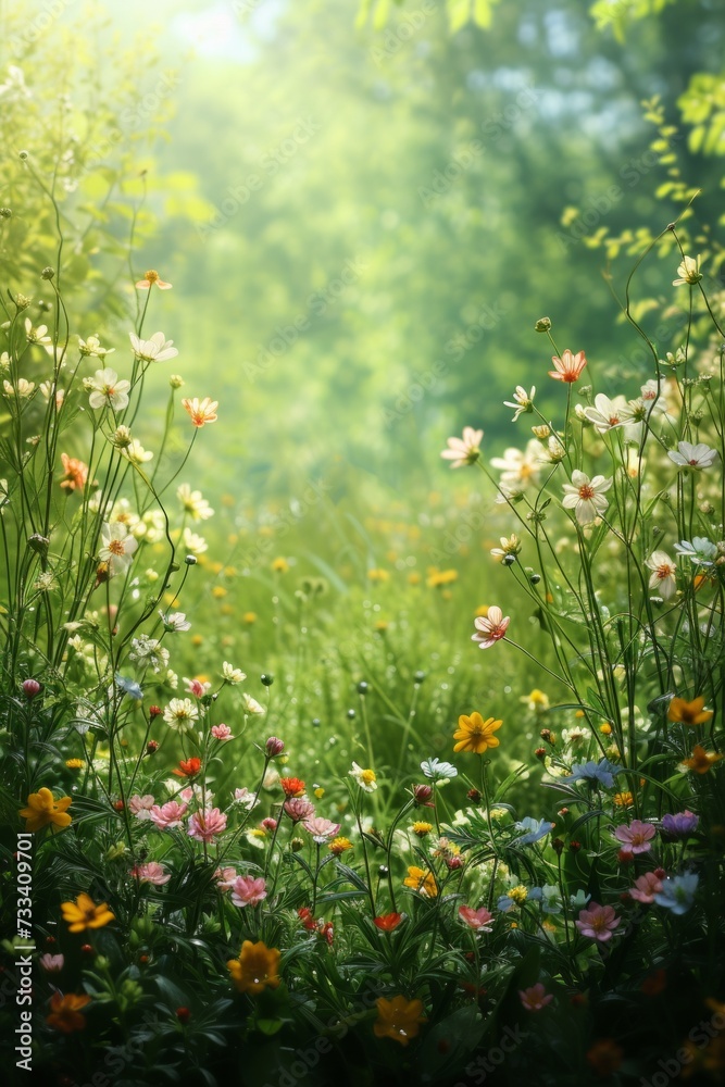 A tranquil meadow awash with wildflowers, each bloom a burst of color against a backdrop of lush greenery A tranquil meadow awash with wildflowers, each bloom a burst of color against a backdrop of lush greenery