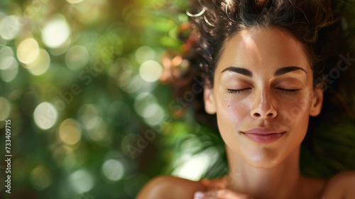 A woman practicing self-massage with essential oils, promoting relaxation and...