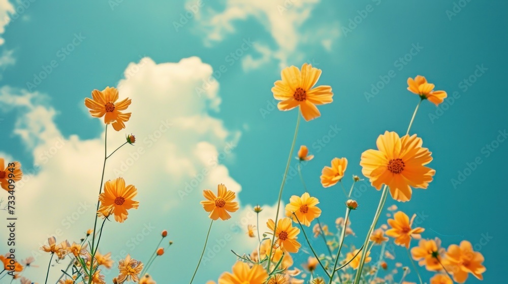  a field full of yellow flowers with a blue sky and clouds in the background with a few puffy white clouds in the middle of the middle of the sky.