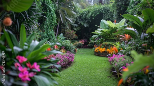 A tranquil garden oasis, with lush foliage, winding pathways, and blooming flowers in every shade imaginable © olegganko