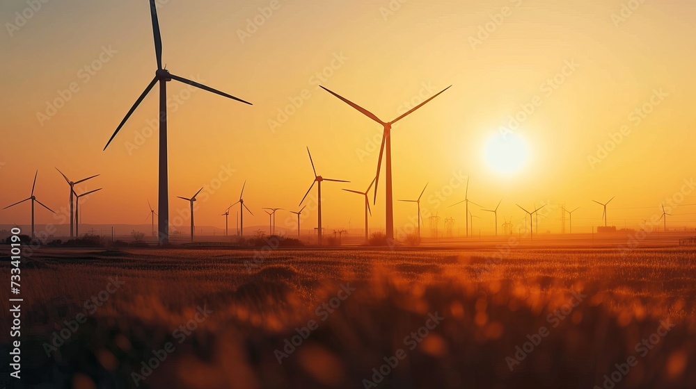 Obraz premium Witness the tranquil beauty of wind turbines as they twirl gracefully amidst a radiant sunset, creating a captivating and serene landscape.