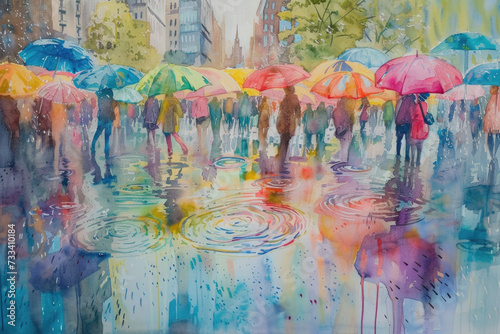 watercolor painting of a spring shower. People are seen walking under colorful umbrellas photo