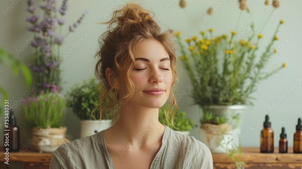 A woman practicing self-massage with essential oils, promoting relaxation and muscle tension relief A woman practicing self-massage with essential oils, promoting relaxation and muscle tension relief
