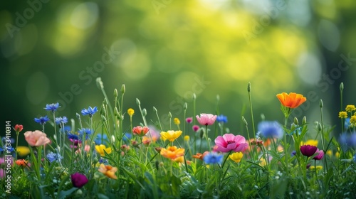 A tranquil meadow awash with wildflowers, each bloom a burst of color against a backdrop of lush greenery