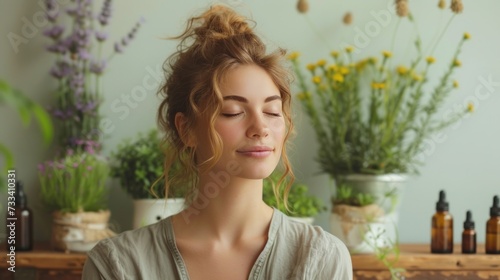 A woman practicing self-massage with essential oils, promoting relaxation and...