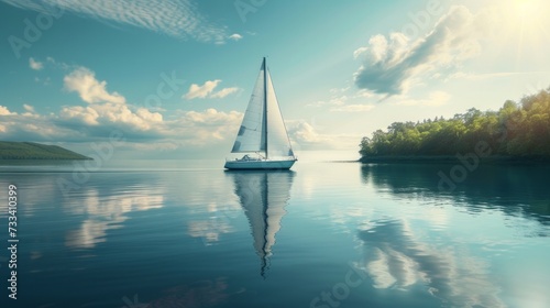 A tranquil scene of a sailboat drifting lazily on a calm lake, epitomizing re...