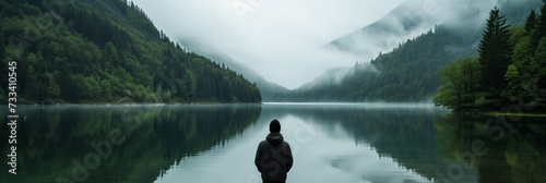 a man stands at the edge of a calm lake and looks to the mountains