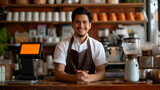 cheerful young man wearing a brown apron stands behind the counter of a cozy coffee shop.