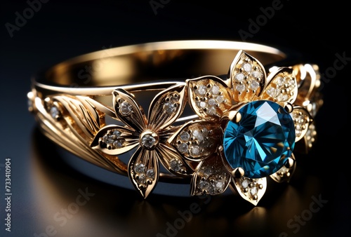 a gold ring with a blue gem