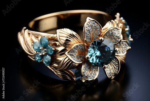 a gold ring with blue gems on it