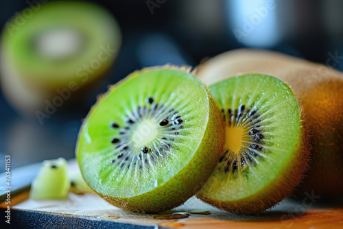 kiwi with a fuzzy skin and a green flesh with black seeds sliced on a cutting board