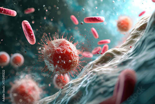 lose-up of a white blood cell engulfing a bacterium. The cell is moving quickly, and there are other bacteria in the background