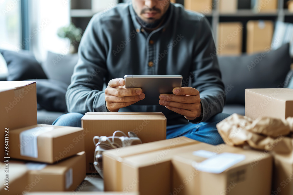 A focused man sits amidst an array of cardboard boxes, managing logistics on his tablet in a home business setting. A focused man sits amidst an array of cardboard boxes, managing logistics on his tablet in a home business setting.