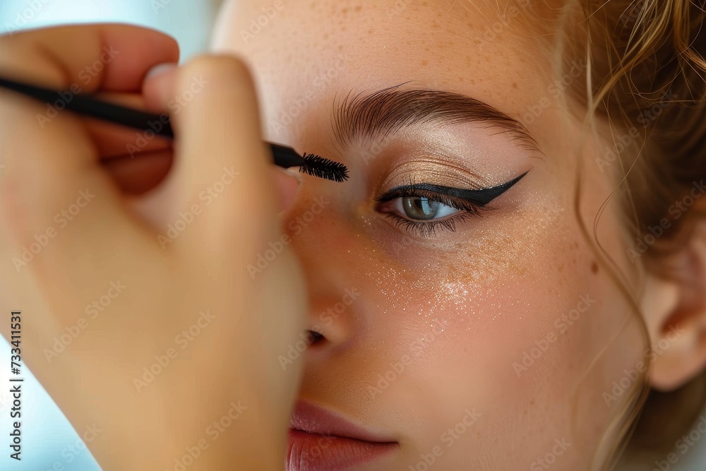 A woman expertly enhances her natural beauty with the aid of toiletries and cosmetics, carefully applying eyelash extensions, eye shadow, mascara, eyebrow pencil, eyeliner, and lipstick to her human 