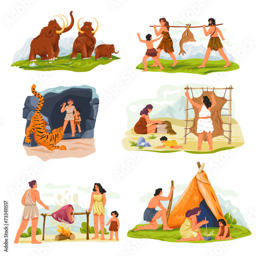 Prehistoric people. Ancient family characters, caveman with primitive weapon mammoth hunting, wild tribe life stone age history, cartoon neanderthal