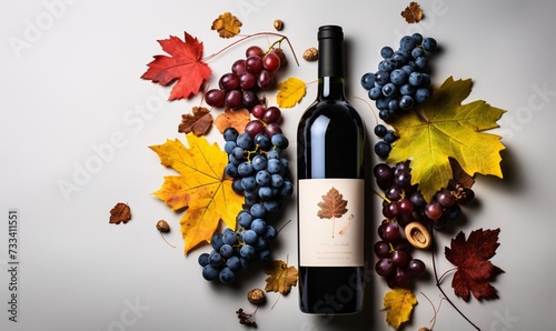 a bottle of wine next to grapes and leaves