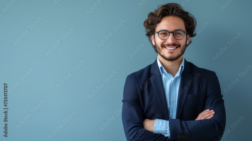 a person with a beaming smile, wearing glasses and a suit, standing with arms crossed against a soft blue background, looking confident and approachable a person with a beaming smile, wearing glasses and a suit, standing with arms crossed against a soft blue background, looking confident and approachable