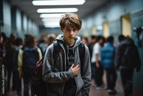 a boy with backpack in a hallway