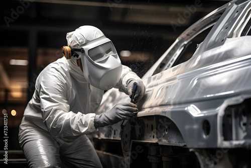 Mechanic painting the sheet metal of a car