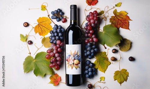a bottle of wine surrounded by grapes