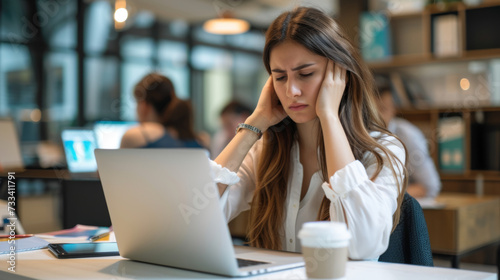 young woman sitting in front of a laptop with her hands on her temples  appearing stressed or frustrated.