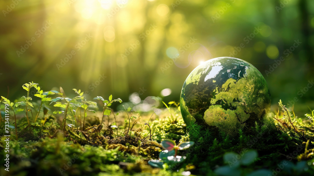Environment ecology concept - Green globe in forest with moss Environment ecology concept - Green globe in forest with moss