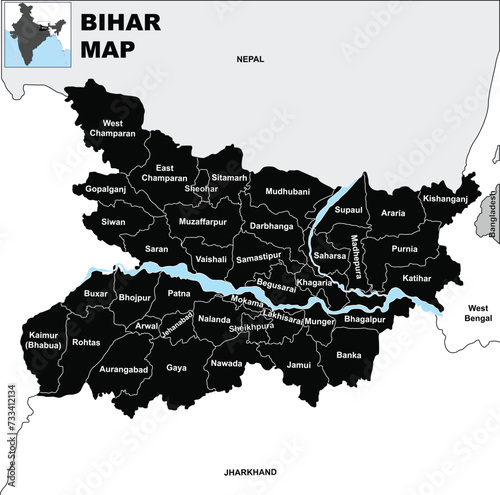 Silhouette Bihar map vector illustration on white background