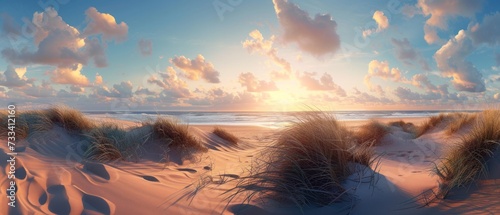 Panorama landscape of sand dunes system on beach at sunrise #733412160