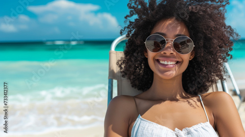 A joyful woman with sunglasses is reclining on a beach chair, enjoying the sun with a bright smile, against a beautiful ocean backdrop.