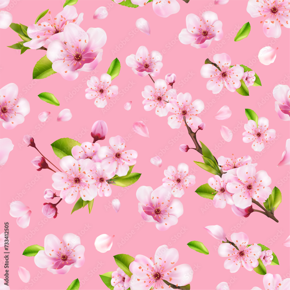 Realistic sakura pattern. Japanese blossom cherry garden branches seamless texture, pink flowers spring easter wallpaper textile print, floral background exact vector illustration Realistic sakura pattern. Japanese blossom cherry garden branches seamless texture, pink flowers spring easter wallpaper textile print, floral background exact vector illustration