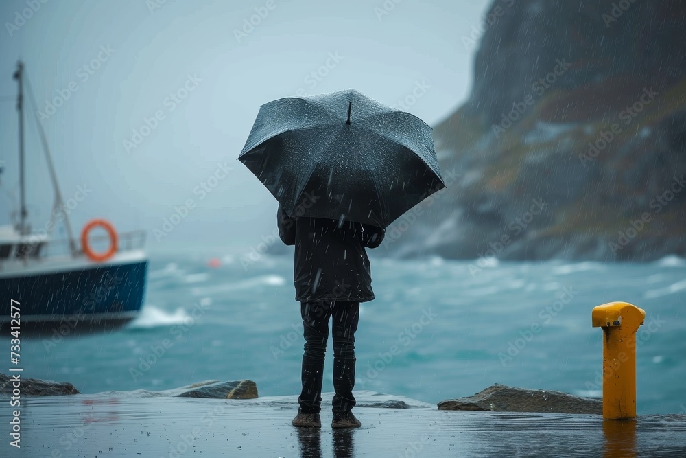 A lone figure braves the stormy seas, standing strong with an umbrella as rain and fog envelop a rocky beach and boats bob in the distant ocean
