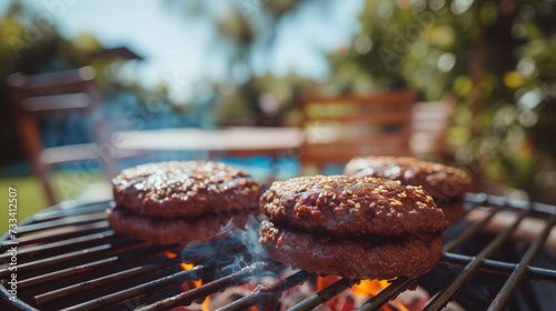 Burgers sizzling on a charcoal grill, patio furniture in the background