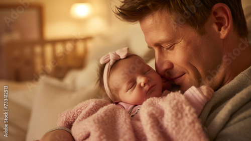 father gently holds and cherishes his sleeping baby, who is wrapped in a pink blanket and wearing a pink headband.