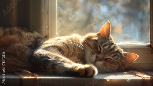 sleek feline sprawled lazily on a sunlit window sill, eyes half-closed in contentment © olegganko