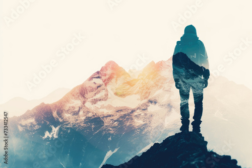 double exposure image of a hiker's silhouette filled with a mountain range.