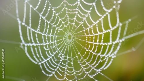 An extreme close-up of a dew-covered spiderweb, capturing the shimmering droplets clinging to its fine threads