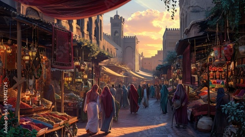 The warm glow of sunset bathes a traditional Moroccan market, where locals engage in commerce amid vibrant stalls and goods. Resplendent. photo